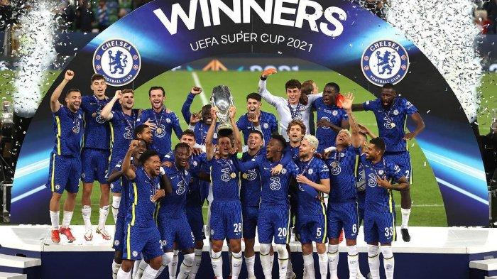 Kemeriahan skuad Chelsea saat perayaan juara Piala Super Eropa 2021.