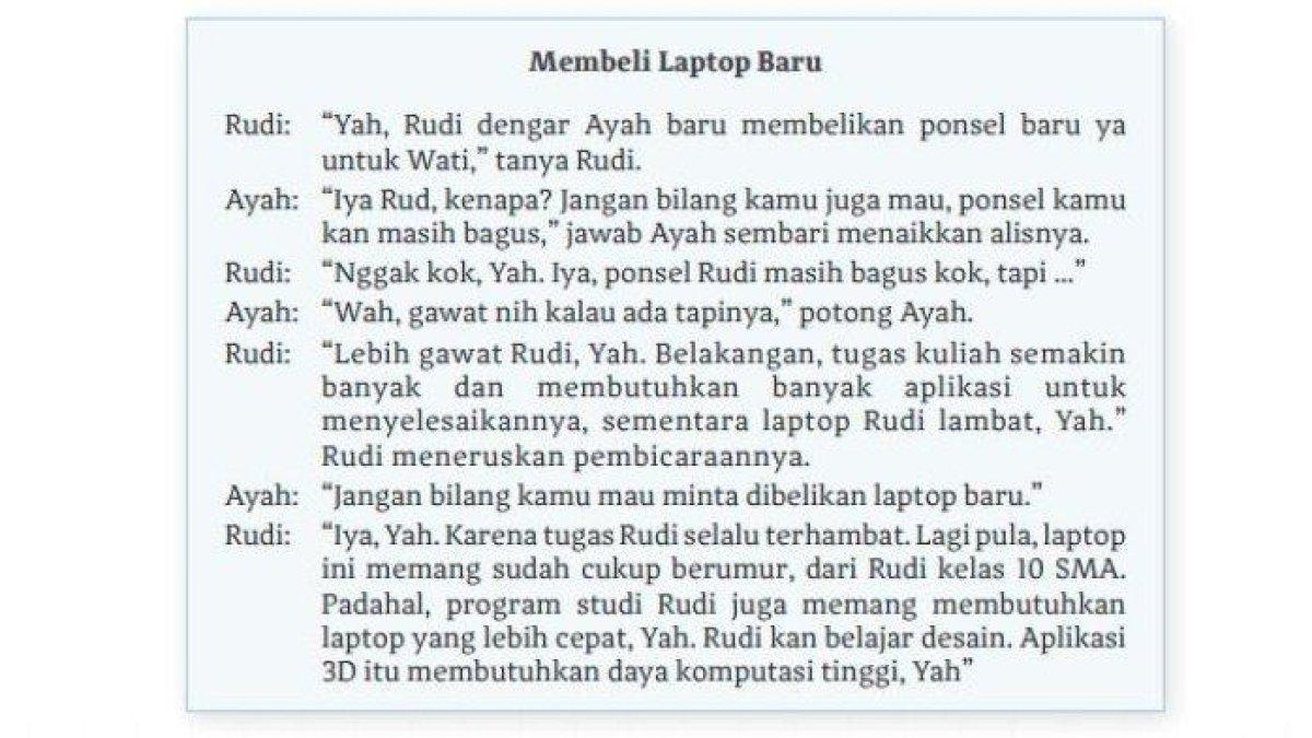 Kunci jawaban Bahasa dan Bersastra Indonesia kelas 10 halaman 88-89 Kurikulum Merdeka membahas tentang teks Membeli Laptop Baru.