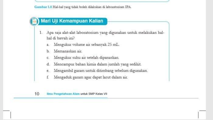 Kunci jawaban IPA kurikulum merdeka kelas 7 halaman 10 tentang laboraturium IPA.