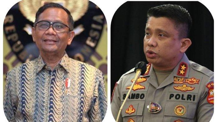 Menkopolhukam sekaligus Ketua Kompolnas Mahfud MD dan Kadiv Propam Polri Irjen Pol Ferdy Sambo. Mahfud menyoroti jeda waktu pengumuman kasus baku tembak di rumah Irjen Ferdy Sambo.
