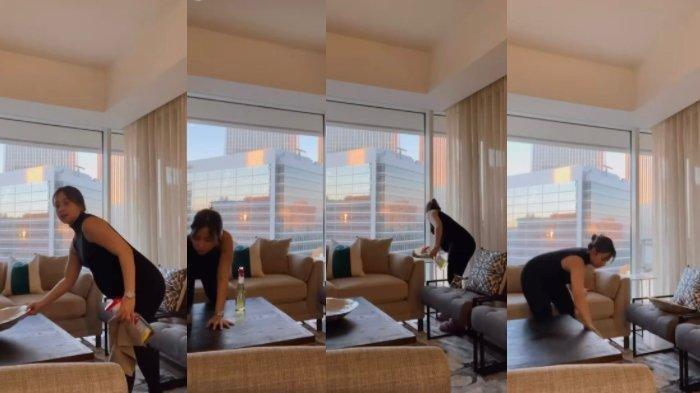 Nikita Willy saat membersihkan apartemen barunya di Los Angeles