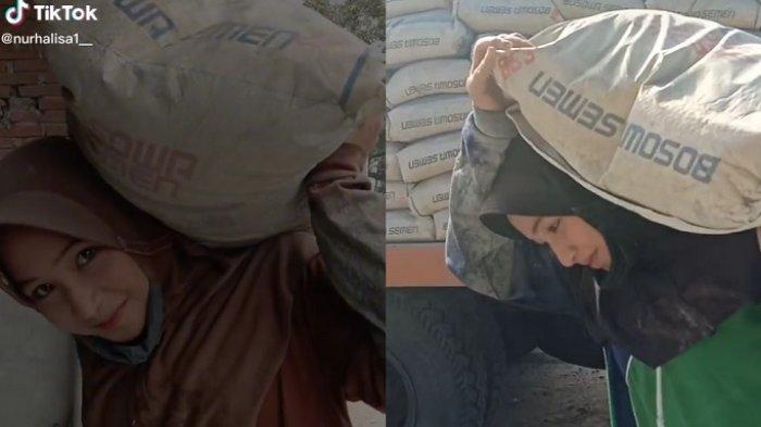 Nur Aini saat menjadi buruh angkut semen