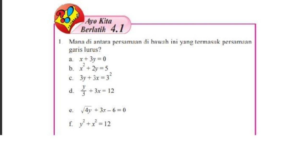 Soal buku Matematika Kelas 8 halaman 145 - Kunci jawaban Matematika Kelas 8 halaman 145 cara tentukan persamaan garis lurus pada soal Ayo Kita Berlatih 4.1.