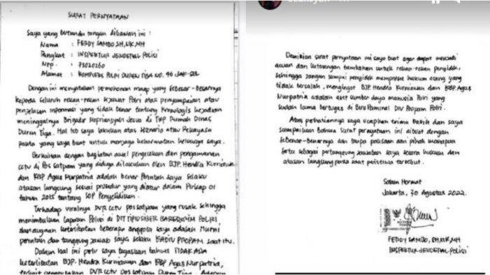Surat Ferdy Sambo bela Brigjen Hendra Kurniawan