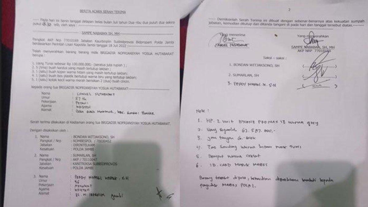 Tanda terima barang-barang Brigadir J kepada keluarga