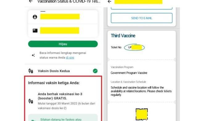 Tangkapan layar jadwal dan status vaksin booster (kiri) serta tiket vaksin booster di aplikasi PeduliLindungi (kanan).
