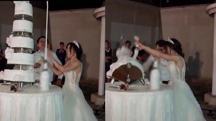 Viral kue pengantin hampir menimpa mempelai.