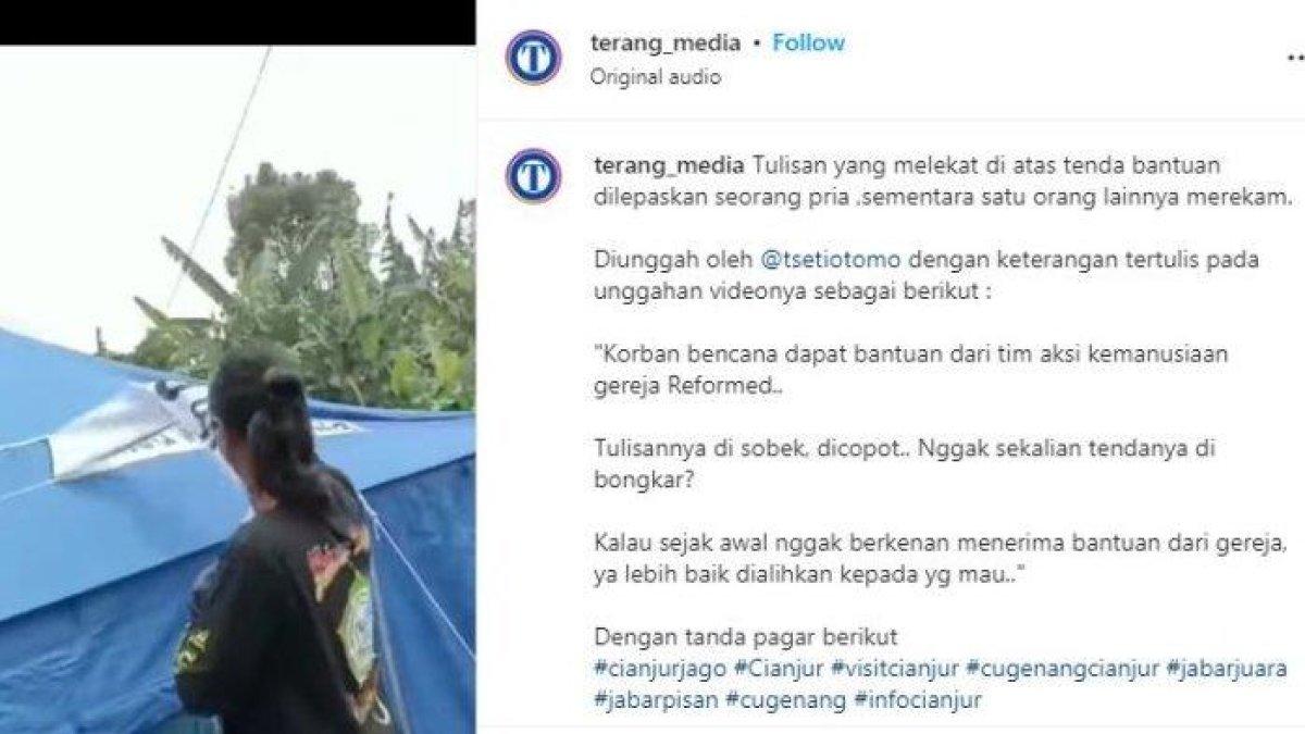 Viral video pencabutan label bantuan dari gereja bagi pengungsi gempa di Cianjur.