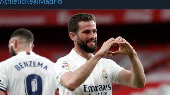 Penggawa Real Madrid, Nacho merayakan golnya untuk Real Madrid ke gawang Athletic Bilbao di Liga Spanyol, Minggu (16/5/2021) waktu setempat.
