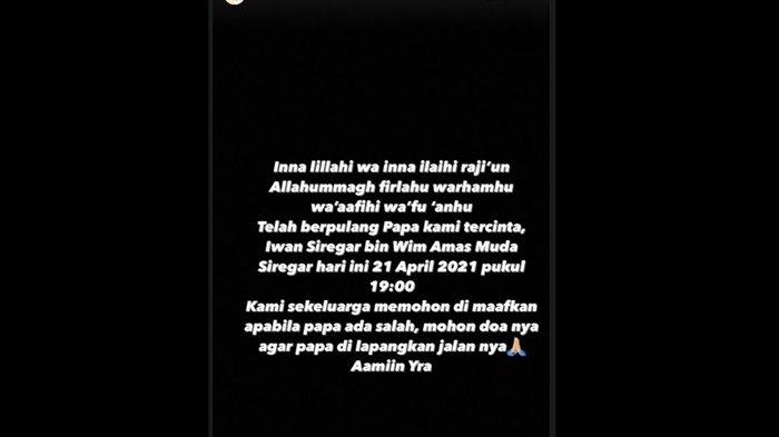 Citra Kirana mengabarkan ayahnya meninggal dunia pada Rabu (21/4/2021).