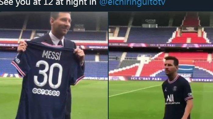 Lionel Messi berpose dengan kostum PSG nomor punggung 30.