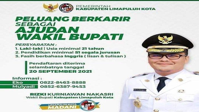 Ilustrasi: Flyer Lowongan kerja ajudan Wakil Bupati Kabupaten Limapuluh Kota, Provinsi Sumatera Barat (Sumbar).
