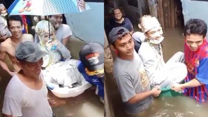 Pasangan pengantin ini viral karena menikah saat banjir, mereka dibantu warga menerjang banjir dengan menggunakan bak mandi bayi.