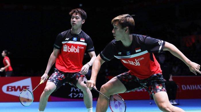 Marcus Fernaldi Gideon/Kevin Sanjaya Sukamuljo saat melakoni babak kesatu pada Japan Open 2019, di Musashino Forest Plaza, Tokyo, Rabu (24/7/2019).