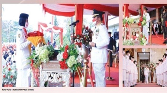 Gubernur Sumsel H Herman Deru, usai memberikan bendera merah putih kepada pembawa baki, Ghefira Nur Fatimah asal SMAN 2 OKU, dan pasukan pengibar bendera merah putih ini siap melanjutkan tugas untuk menghantarkan bendera kepada petugas pengibar bendera yakni, I Nyoman Ananta Sumanta pelajar asal SMAN I Belitang, M Ally Rega pelajar asal SMAN 2 OKU, serta Itto Bayhaqi asal SMAN 3 Kota Pagaralam, Selasa (17/8/2021).