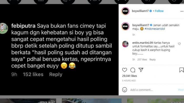 Presenter Boy William memberikan tanggapan soal komentar warganet yang mempertanyakan tereliminasinya Melisa atau Cimey dari Indonesian Idol 2021.