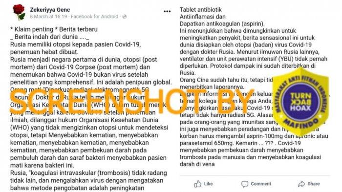 Tangkapan Layar berita palsu mengenai Covid-19 tidak disebabkan dari virus yang telah dibuktikan dokter Rusia, diunggah seorang pengguna Facebook pada (8/3/2021)