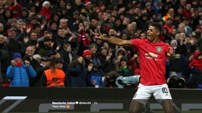 Selebrasi Marcus Rashford usai mencetak gol ke gawang Partizan Belgrade di Stadion Old Trafford, Kamis (7/11/2019) atau Jumat dini hari WIB.