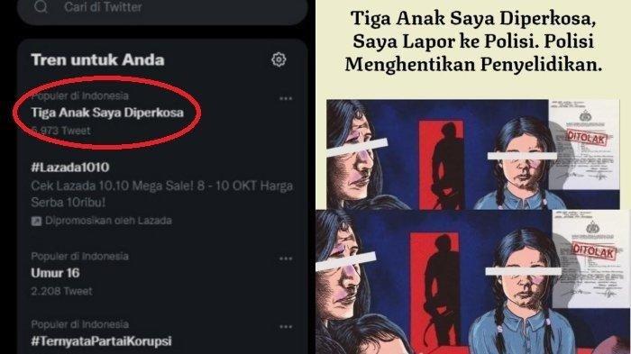 Kolase: Trending Twitter 7 Oktober 2021 dan screenshot posting-an 'Tiga Anak Saya Diperkosa'.