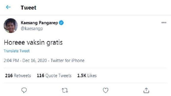 Cuitan akun Twitter @kaesangp, Rabu (16/12/2020). Putra bungsu Presiden Jokowi, Kaesang Pangarep girang menyambut kabar vaksin Covid-19 gratis.