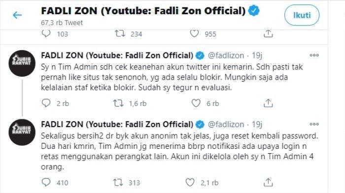 Fadli Zon memberi klarifikasi tentang akun Twitter miliknya menyukai video syur, Kamis (7/1/2021). Ia menyebut kemungkinan staf adminnya telah lalai sampai insiden itu terjadi.
