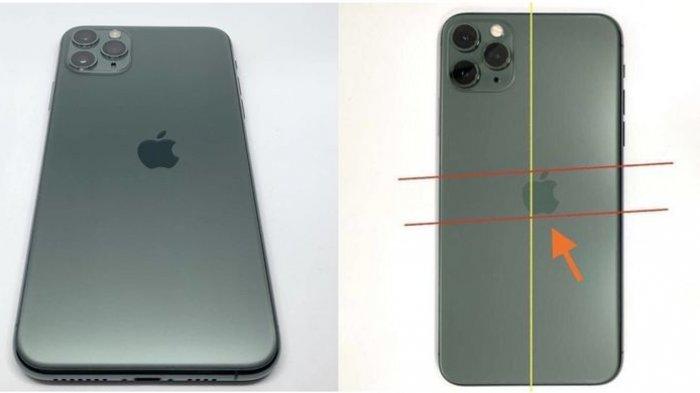 iPhone 11 Pro yang mengalami cacat cetak dengan logo yang tdak sejajar dan lebih condong ke kanan.