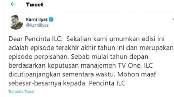 Karni Ilyas umumkan ILC episode Selasa (15/12/2020), jadi episode terakhir tahun 2020 sekaligus episode perpisahan.