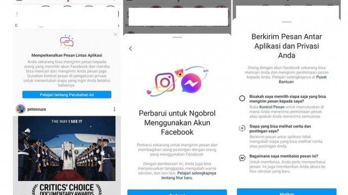Notifikasi fitur integrasi Facebook, Instagram, dan Messenger di Instagram.