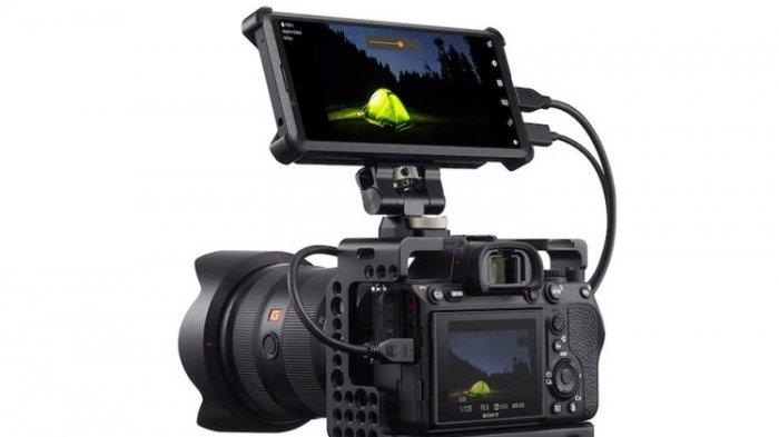 Ponsel Xperia Pro yang tengah disambungkan dengan kamera mirrorless Sony Alpha melalui kabel micro HDMI.