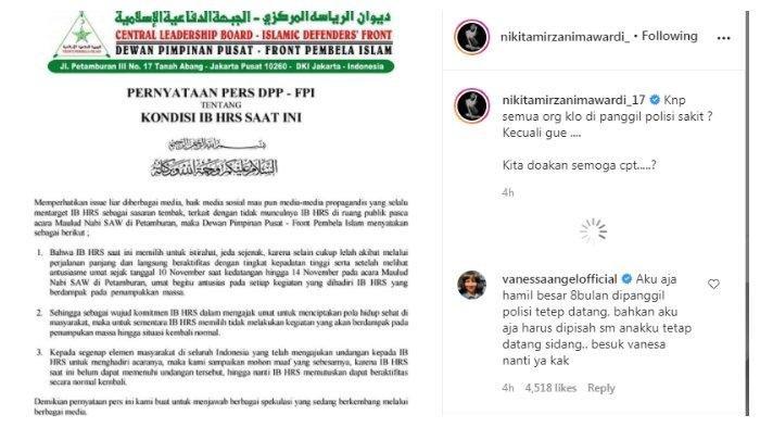 Unggahan Instagram Nikita Mirzani yang menyindir Rizieq Shihab, Jumat (20/11/2020).
