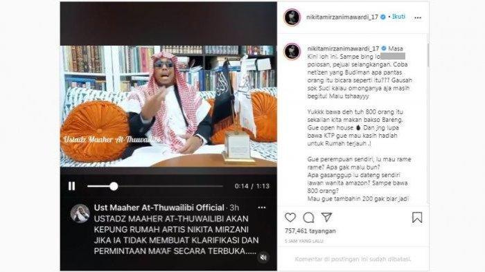 Unggahan Nikita Mirzani di akun Instagramnya, @nikitamirzanimawardi_17, Jumat (13/11/2020). Nikita menanggapi ancaman Ustaz Maaher At-Thuwailibi yang akan mengepung rumahnya dengan 800 pengikut.