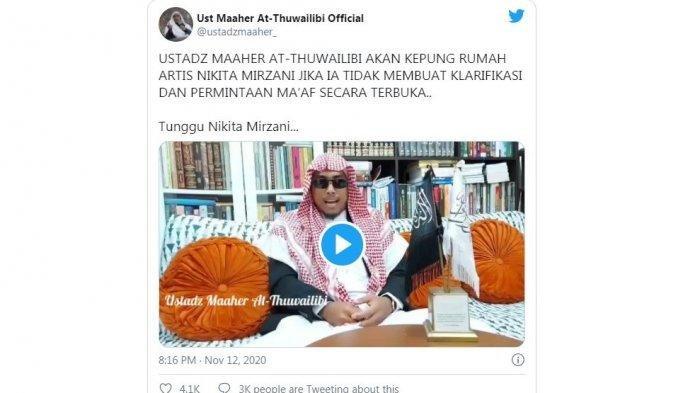 Video unggahan Ustaz Maaher di akun Twitter pribadinya @ustadzmaaher_, Kamis (12/11/2020). Maaher mengancam akan mengepung rumah Nikita Mirzani dengan 800 orang pengikutnya.