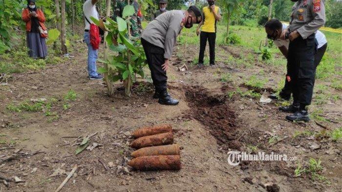 Lokasi penemuan mortir di ladang warga Desa Ngrukem, Kecamatan Mlarak, Kabupaten Ponorogo, Senin (1/3/2021).