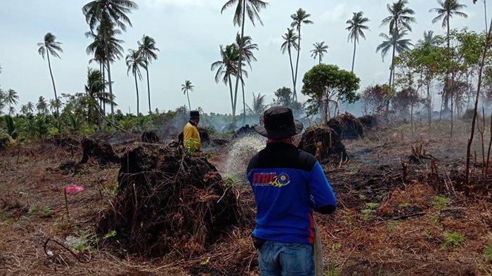 Personil gabungan rayon Kuala Kampar melakukan pemadaman api karhutla di Desa Sungai Solok Kecamatan Kuala Kampar, Senin (8/2/2021).