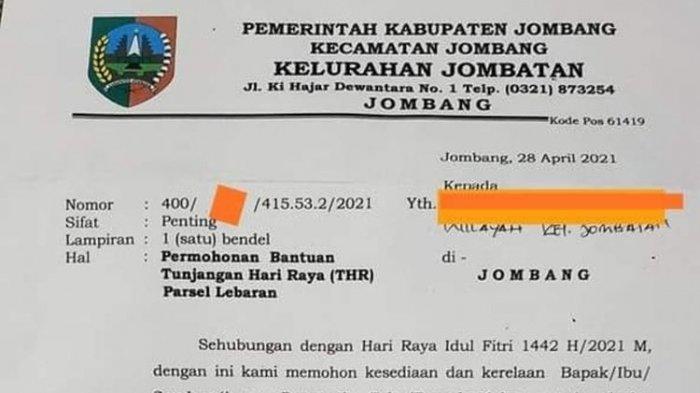 Tangkapan layar surat permintaan bantuan THR/parsel dari salah satu kelurahan di Kabupaten Jombang, Jawa Timur. Surat itu beredar di media sosial dan grup WhatsApp, Kamis (29/4/2021) malam.