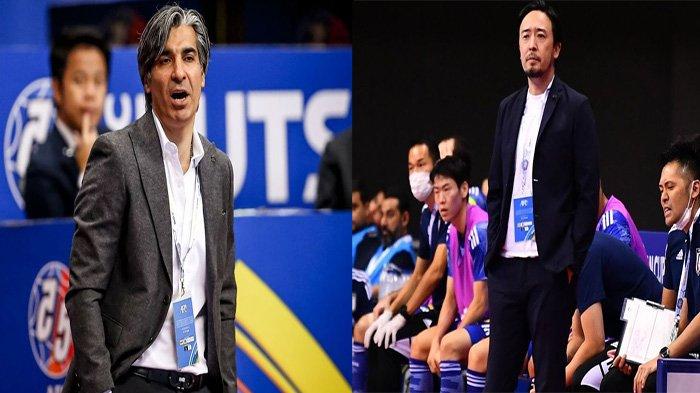 Kolase foto pelatih Timnas Futsal Iran, Vahid Shamsaei dan pelatih Timnas Futsal Jepang, Kenichiro Kogure