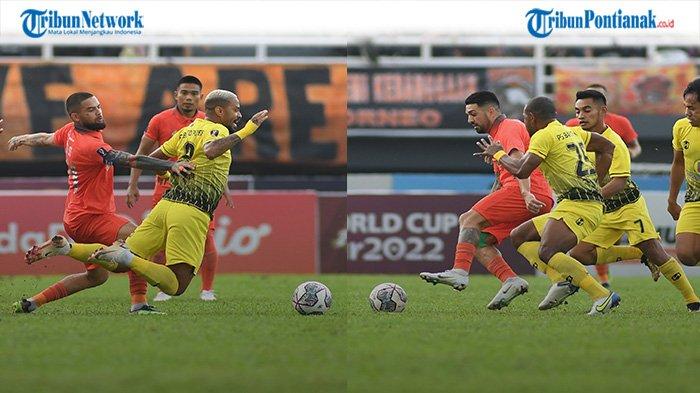 Pemain Borneo FC dan Barito Putera berebut bola pada Piala Presiden 2022 yang berlangsung di Stadion Segiri, Samarinda, Rabu, 22 Juni 2022 mulai pukul 16.00 WIB. Kedua tim berpeluang lolos ke perempat final Piala Presiden.