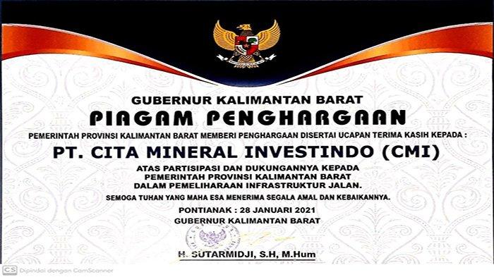 Piagam Penghargaan Gubernur Kalbar Kepada CITA Atas Dukungannya kepada Pemprov Kalbar dalam Pemeliharaan Infrastruktur Jalan.
