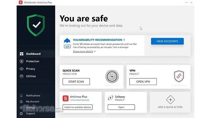 BitDefender Antivirus adalah software simpel dan minimalis yang mudah digunakan serta memliki perlindungan berbasis AI yang baik.