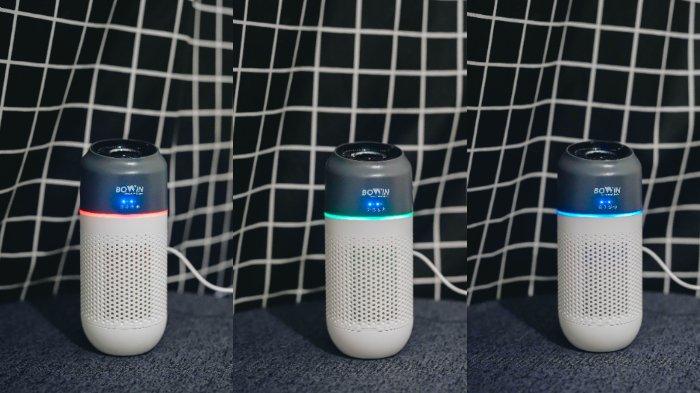 Percobaan penggunaan BOWIN OXY FRESH Smart Mini Purifier di dalam ruangan, udara yang awalnya kotor ditunjukkan dengan warna merah hingga berubah jadi biru atau bersih ketika difilter dengan produk ini