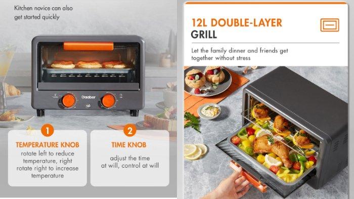 Gaabor Oven Listrik GT-M12A dibekali dengan 2 kenop pengaturan yang bisa disesuaikan kebutuhan pengguna sesuai jenis bahan