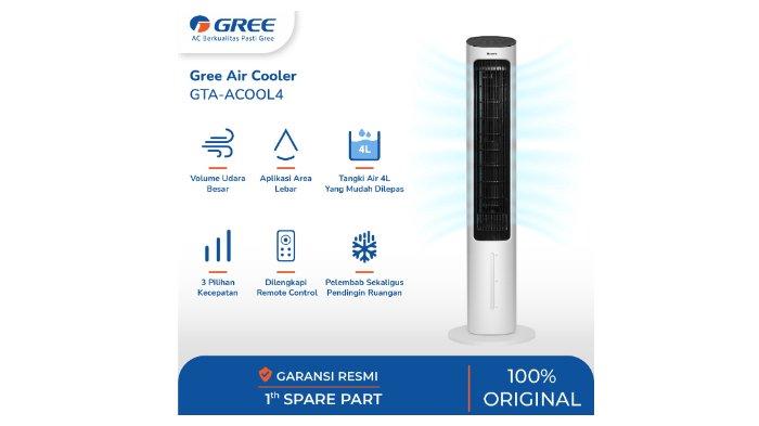 GREE Tower Fan Air Cooler GTA-ACOOL4 dengan kapasitas 4 liter serta konsumsi daya listrik sekitar 50 watt saja