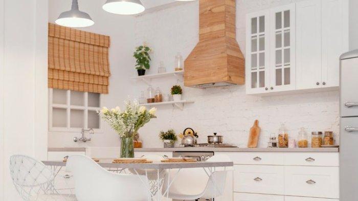 Ilustrasi dapur dengan pencahayaan lampu gantung, nampak sangat elegan