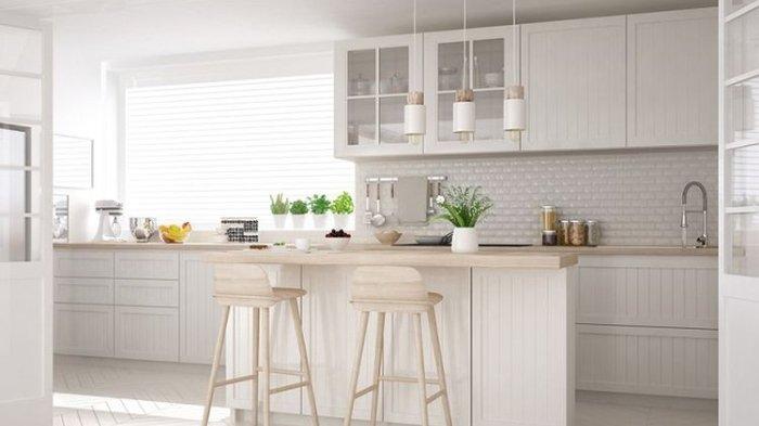 Ilustrasi dapur Instagramable yang dirancang dengan lampu gantung sekaligus kursi gaya bar