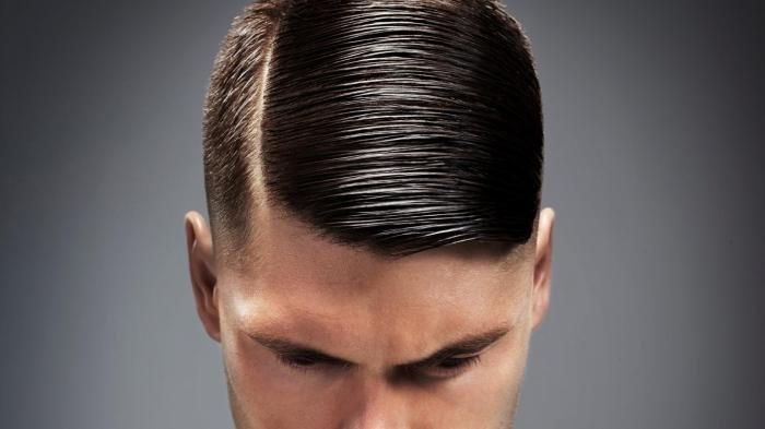 Ilustrasi laki-laki yang menggunakan pomade atau minyak rambut khusus agar rambutnya lebih rapi, tertata dan stylist.
