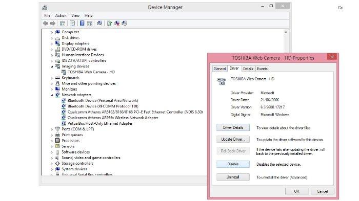 Jendela Device Manager untuk memeriksa kamera laptop