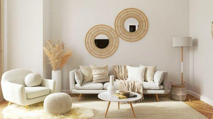 Ilustrasi ruangan dengan furnitur dan warna tembok yang senada ciptakan kesan mewah