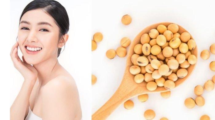 Ilustrasi kulit cerah dengan perawatan ruti menggunakan bahan alami kacang kedelai.