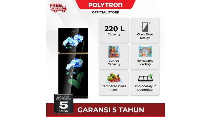 POLYTRON Kulkas 2 Pintu Belleza 220 liter PRW 23 dengan motif bunga pada bagian pintu
