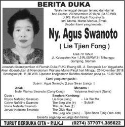 Berita Duka - Ny Agus Swanoto (Lie Tjien Fong)